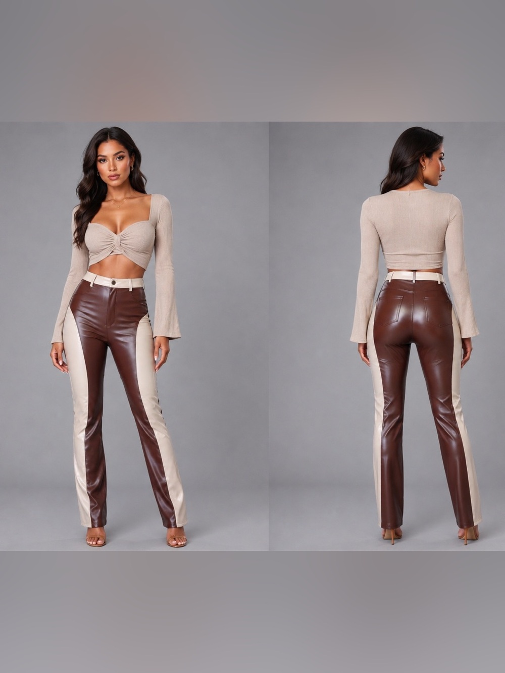 Colorblock Faux Leather Pants - Brown & Cream